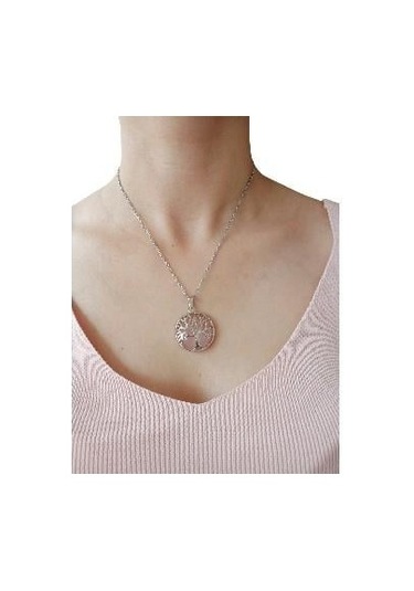 Pembe Kuvars Doğal Taşlı Çelik Kolye - Kadın Pembe