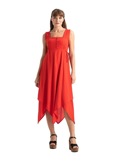 Kolsuz Şile Bezi Üçgen Katlı Midi Boy Yazlık Elbise Kırmızı Krmz-kırmızı