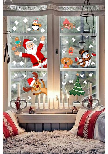 Yılbaşı Sticker Noel Baba Yılbaşı Ağacı Penguen ve Kar Taneleri Temalı