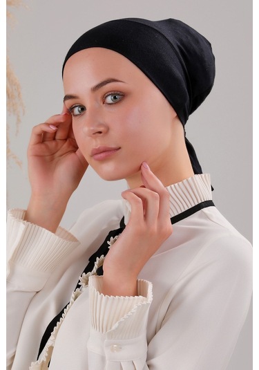 Tesettür Geçmeli Bağcıklı Viskon Likralı Dikişsiz Bone Siyah Siyah