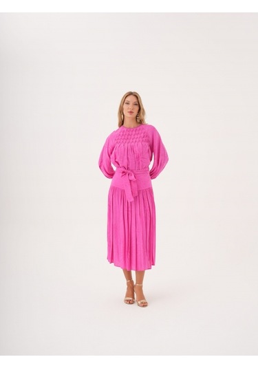 Büzgü Detaylı Kuşaklı Viskon Ve Keten Karışımlı Bluz FUŞYA