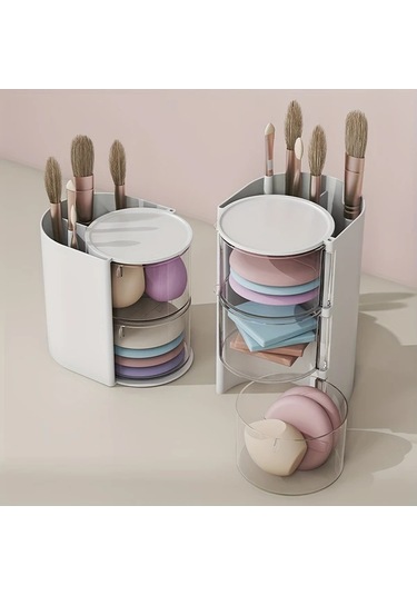 Dashanshop Pembe 2 Katlı Döner Pudru Süngeri Saklama Kutusu Makyaj Fırçası Organizer Pembe