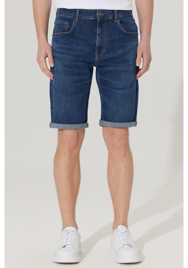 Ac&Co / Altınyıldız Classics Erkek K.Mavı Slim Fit Dar Kesim Pamuklu Esnek Denim Şort Koyu Mavi
