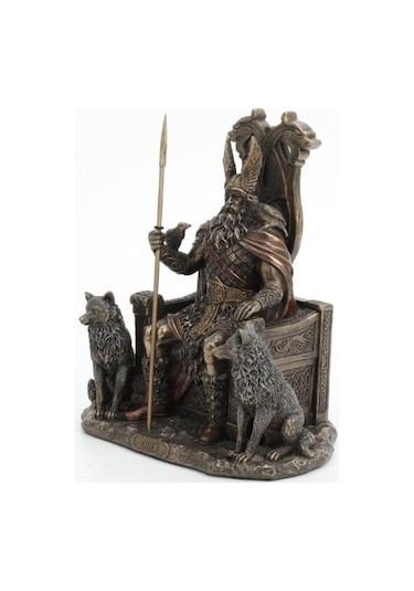 Veronese Design Tahtta Oturan Odin Kurtlarla Birlikte - Viking Dekor Heykeli