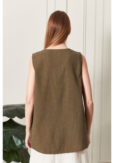 Keten Şık Farklı Tarz Nevin Bluz - Modern Ve Zarif Tasarım Haki