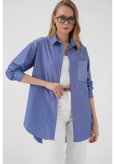Gabria Tek Cep Arkası Uzun Gömlek Mavi