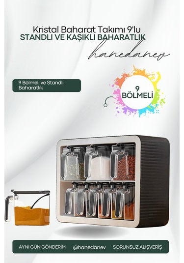 9'lu Baharatlık Takımı Standlı Kendinden Yapışkanlı Kaşıklı Ve Kapaklı Baharatlık Seti Çok Renkli