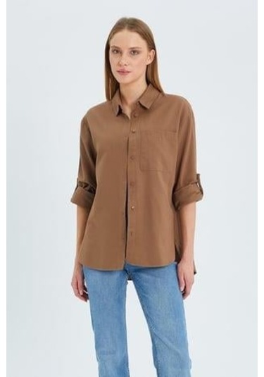 9942 Kadın Oxford Uzun Kol Basic Gömlek Vizon Vizon