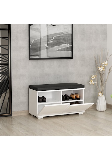 Minar Drago Oturaklı Ayakkabılık Ve Puf - Beyaz