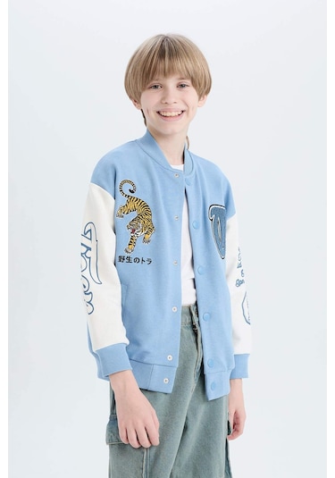 Defacto Erkek Çocuk Baskılı Kolej Yaka Bomber Hırka D9832a825spbe316 Mavi