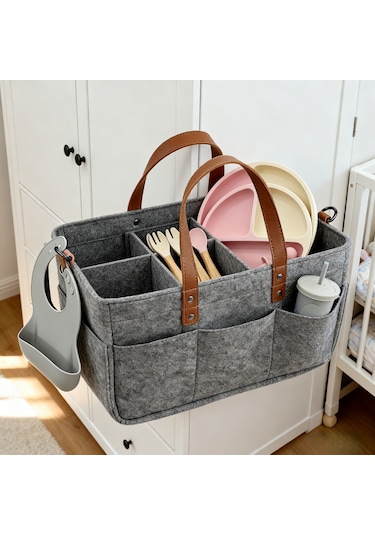 Vkemall Küçük Boy Koyu Gri Felt Materyal Bebek Malzemeleri Saklama Çantası - Büyük Kapasiteli, Taşınabilir, Yeniden Kullanılabilir Koyu Gri