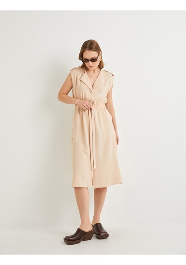 Koton Midi Gömlek Elbise Beli Kuşaklı Düğmeli Cepli Apoletli Bej 4sak80001pw Ekru