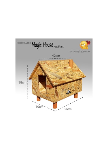 Kedi Kulübesi Magic House Medium Vernikli Ahşap Kedi Evi 38 x 30 x 37 CM
