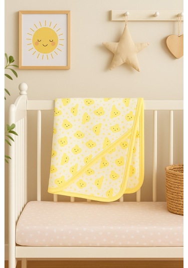 Bulut Desenli Çift Taraflı Bebek Penye Battaniye 85x85cm - Standart / Sarı Sarı