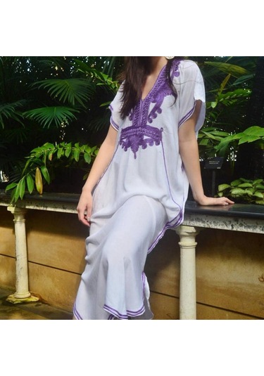 Beyaz Nakış Fas Kaftan Bayan Maxi Bayram Elbisesi Arap Farasha Rahat Uzun Büyük Boy Parti Beyaz