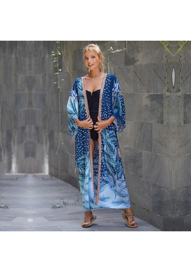 Edolynsa Bohem Mayo Cover Up Retro Şerit Kendinden Kuşaklı Kadın Yaz Giysileri Uzun Kimono Elbise Beachwear Bikini Kapak-ups Q1521 Mavi