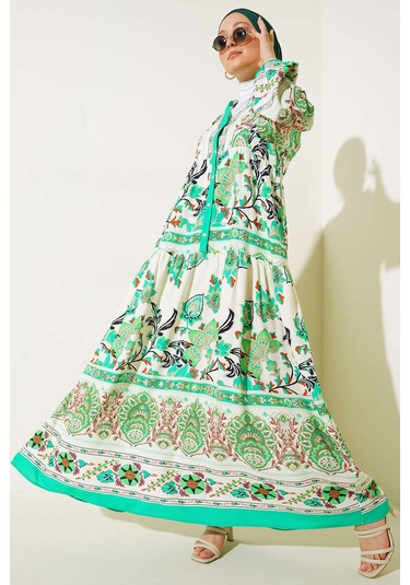Bigdart 2423 Otantik Desenli Tesettür Elbise - Yeşil