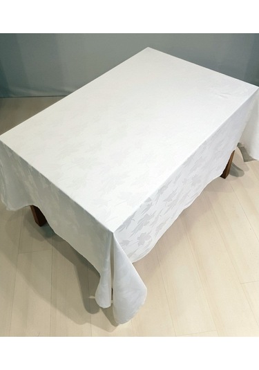 Misiny-Yaprak Desenli Beyaz Masa Örtüsü