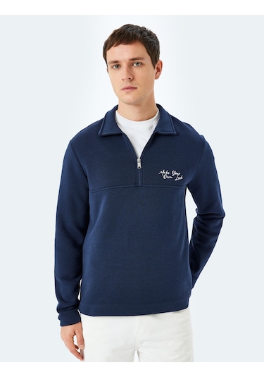Koton Slogan İşlemeli Pamuk Karışımlı Dikiş Detaylı Yarım Fermuarlı Sweatshirt Lacivert 5wam70263mk Lacivert