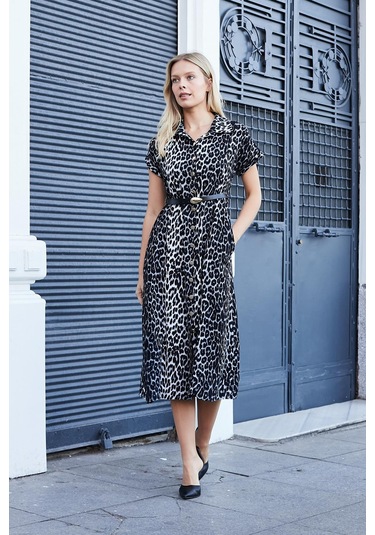 Kadın Desenli Yakalı Düşük Omuzlu Duble Kol Kemerli Midi Boy Elbise Deri Kemer Dahil -antrasit Leopar Antrasit Leopar