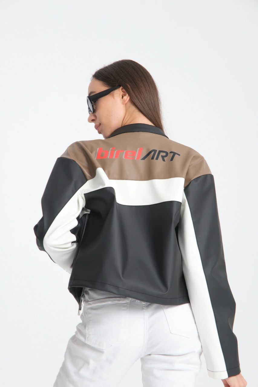 Kadın Oversize Baskılı Deri Şeritli Motorcu Montu Garnili Fermuarlı Yarışçı Ceketi Bomber Kolej Mont Açık Kahve