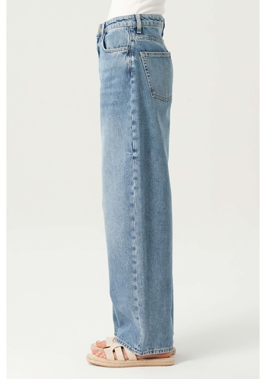 Orta Mavi Yüksek Bel Patı Fermuarlı Loose Jean Pantolon C 4934-017 Mavi