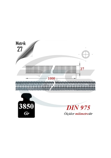 Paslanmaz Çelik Metrik 27 Gijon ( Inox A2 Saplama Tij ) 1 Mt. Boy