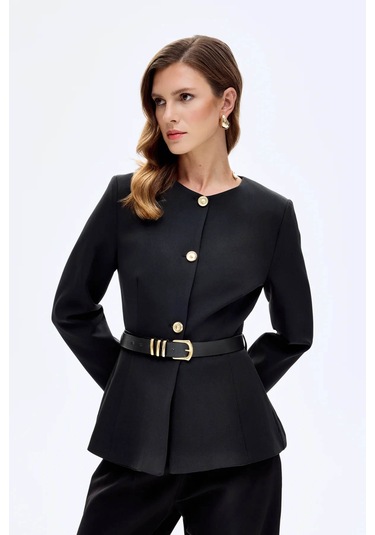 Quzu Kemer Aksesuarlı Yuvarlak Yaka Siyah Kadın Ceket Ckt00922 Siyah