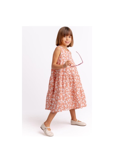 Kat Kat Çiçekli Müslin Kız Çocuk Elbise Gül Kurusu Gülkurusu