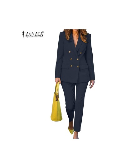 Zanzea Kadın Blazer Ve Pantolon Rahat İki Parça Takım Elbise Seti Koyu Mavi