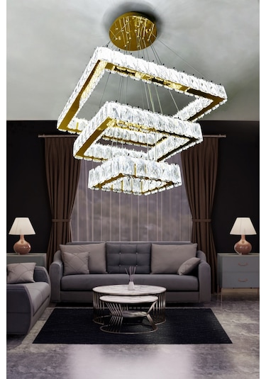 Kare 3 Kat Kristal Taşlı Modern Led Avize Salon & Oturma Odası Çok Renkli