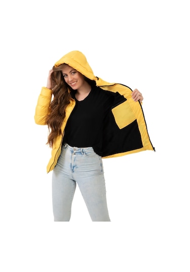 Freemen Kadın Sarı Kapüşonlu Polarlı Kürklü Su Geçirmez Rüzgara Dayanıklı Şişme Mont Sarı