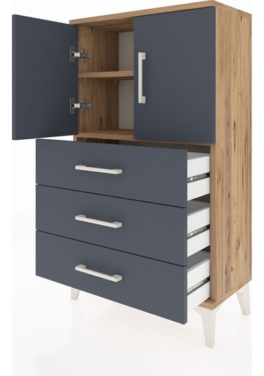 Arges Komodin 2 Raflı 3 Çekmeceli 2 Kapaklı 60x30x106 Çam-ant... Çam