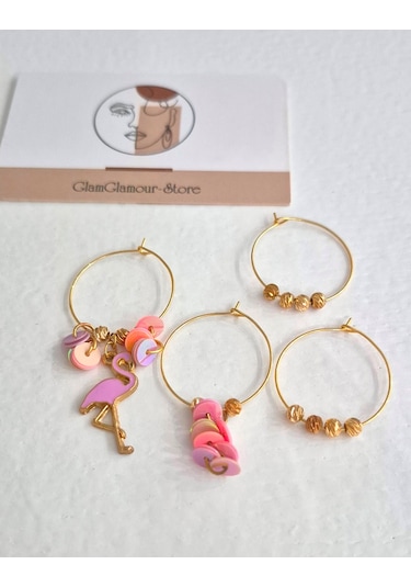 Pembe Flamingo Gold Halka Dörtlü Bayan Küpe Set Gold - Pembe