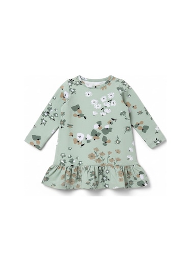 Çiçekli Uzun Kol Kız Bebek Elbise St09755 Yeşil