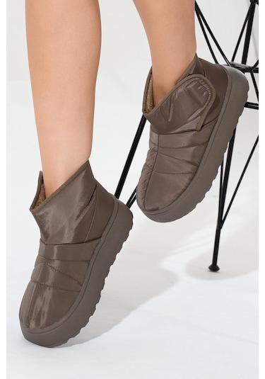 Kalın Poli Taban İçi Kürklü Cırtlı Kadın Vizon Bot Tbals035 Vizon