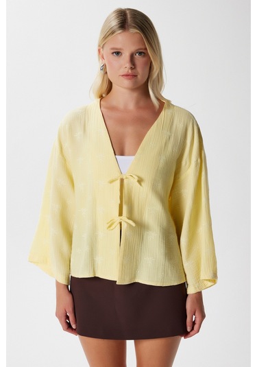Ritnice Kadin Flora Müslin Kabartma Dokulu Sarı Kimono Sarı