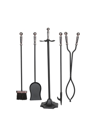 5 Li Lüx Ithal Gümüş Topuz Başlıklı Şömine - Soba Maşa Takımı Aksesuar Seti