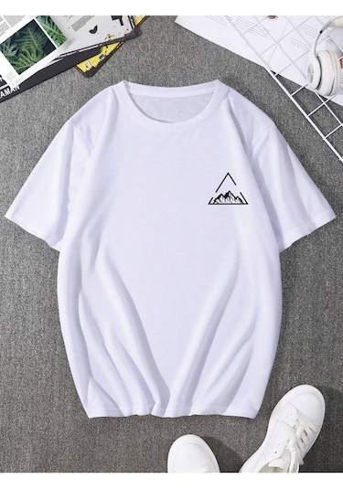 Üçgen Dağ T-shirt - Beyaz Baskılı Oversize Bisiklet Yaka Kısa Kol Tişört Beyaz