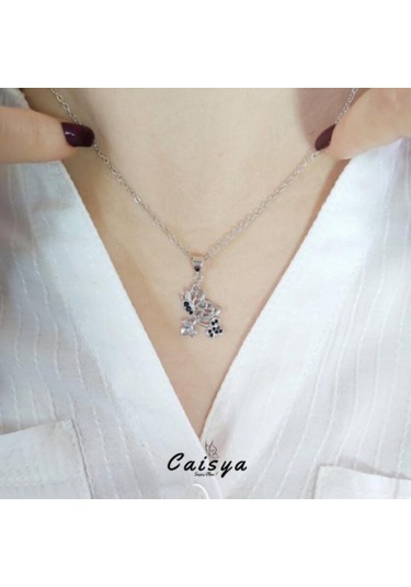 Nano Siyah Taşlı Yapraklı Kelebek Gümüş Kolye-Silver