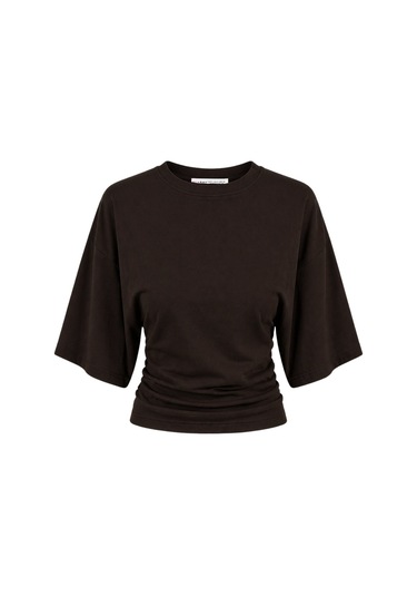 Mixray 2102 Kadın Modal Büzgü Detaylı Dökümlü Soft T-shirt Kahve Kahverengi