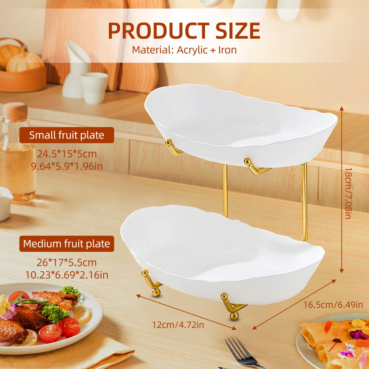 Lemestar Beyaz Akrilik Ve Demir İki Katlı Mutfak Sepeti - Meyve, Atıştırmalık, Tatlı Serim Panosu - Oturma Odası, Çay Masası Dekorasyonu Beyaz