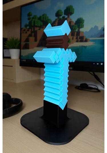 Minecraft Elmas Silah Temalı 3d Baskı Kulaklık Standı Oyuncu Masa Aksesuarı
