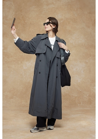Manuka Teknik Kumaş Oversize Trenckot Antrasit
