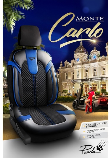 Siyah - Mavi Garni Panda Monte Carlo Serisi Velor Kadife Kumaş Oto Koltuk Kılıfı - Tam Set