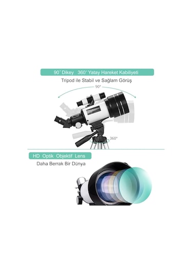 Hymark Astronomik 150x Teleskop 70/300mm Mercek Gece Görüş Uzay Doğa Gözlem