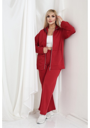 Kadın Büyük Beden Fermuarlı Uzun Kollu Rahat Günlük Eşofman Takım Bordo