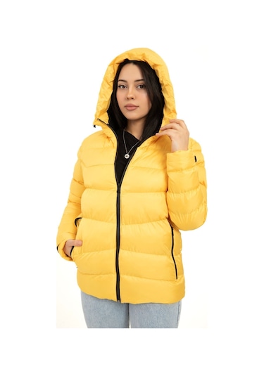 Kadın Sarı Kapüşonlu Içi Polarlı Kürklü Su Geçirmez Rüzgara Dayanıklı Şişme Mont Kaban Parka Sarı