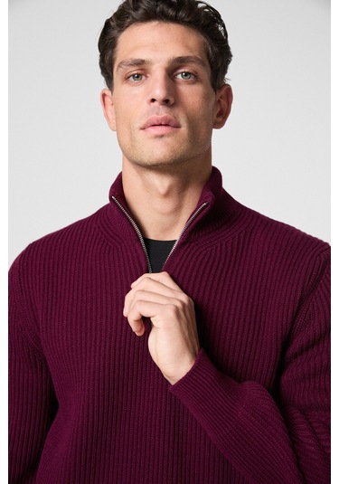 BERNARDO Erkek Yarım Fermuarlı Dik Yaka Triko Bordo Kazak