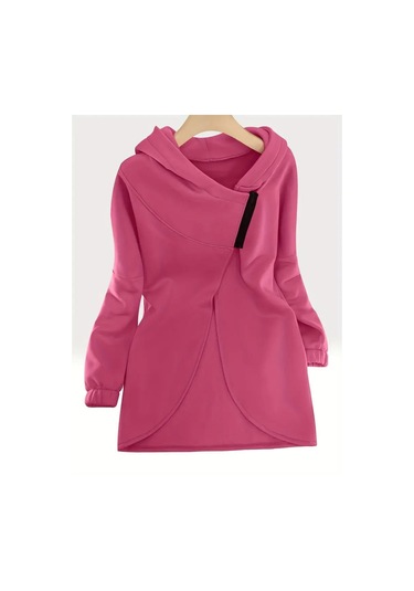 Pembe Kadın 3 İplik Şardonlu Kapüşonlu Ceket Asimetrik Fermuarlı Oversize Pembe